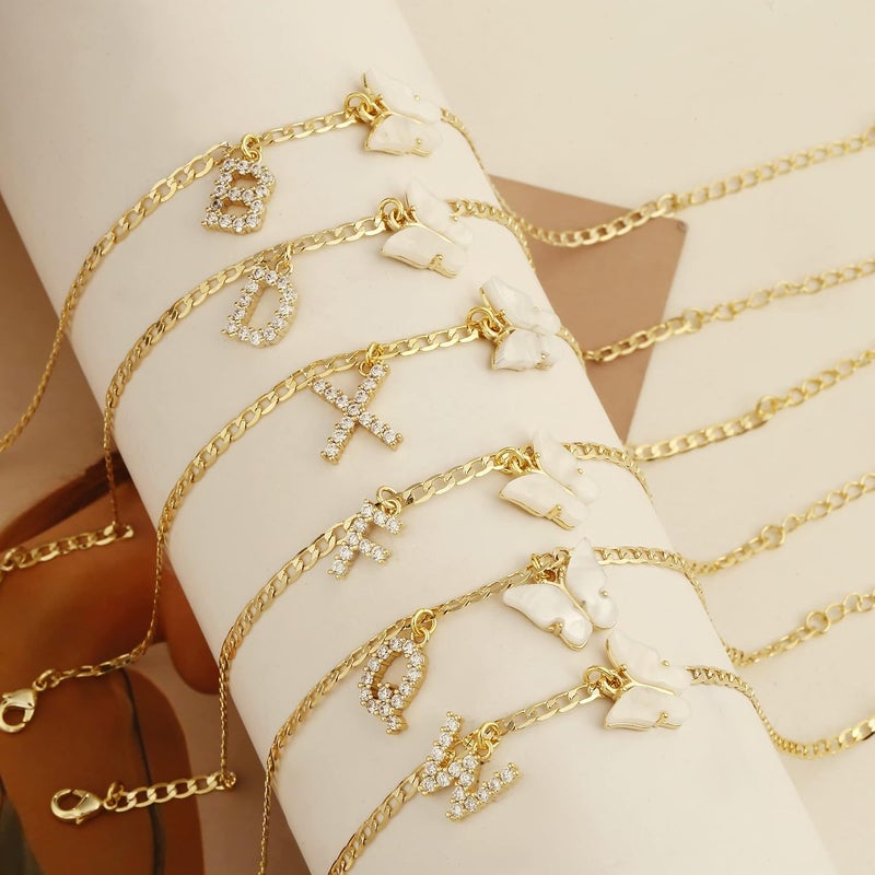 VIROMY 14K Gold Plated Dainty Butterfly Initial Ankle Bracelets Handmade Cuban Chain White Butterfly A-Z Alphabet Letter Initial Anklets Personalized Summer Beach Jewelry Gifts for Women - Image 5